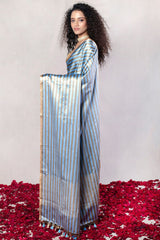 Blue Handwoven Striped Pure Katan Silk Mashru Banarasi Saree