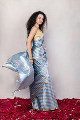 Blue Handwoven Striped Pure Katan Silk Mashru Banarasi Saree