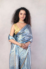 Blue Handwoven Striped Pure Katan Silk Mashru Banarasi Saree