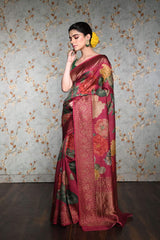 Dark Pink Floral Printed Pure Tussar Silk banarasi