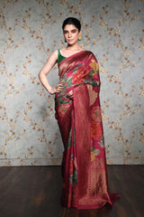 Dark Pink Floral Printed Pure Tussar Silk banarasi
