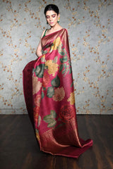 Dark Pink Floral Printed Pure Tussar Silk banarasi