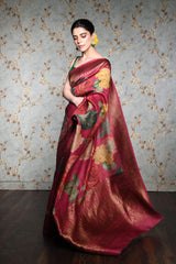 Dark Pink Floral Printed Pure Tussar Silk banarasi