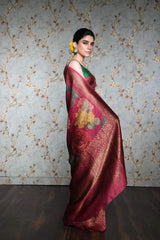 Dark Pink Floral Printed Pure Tussar Silk banarasi