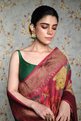 Dark Pink Floral Printed Pure Tussar Silk banarasi