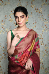 Dark Pink Floral Printed Pure Tussar Silk banarasi