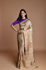 Gray Handwoven floral printed Tussar silk Banarasi