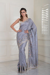 Gray-ish Blue Pure Tussar Silk all over embroidered scalloped Border Saree