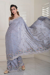 Gray-ish Blue Pure Tussar Silk all over embroidered scalloped Border Saree