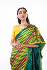 Green Handwoven half and half Pure Katan Silk Striped Mashru Banarasi Saree