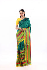 Green Handwoven half and half Pure Katan Silk Striped Mashru Banarasi Saree