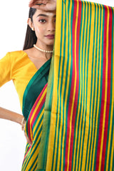 Green Handwoven half and half Pure Katan Silk Striped Mashru Banarasi Saree