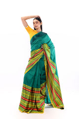 Green Handwoven half and half Pure Katan Silk Striped Mashru Banarasi Saree