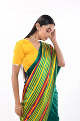 Green Handwoven half and half Pure Katan Silk Striped Mashru Banarasi Saree
