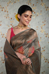 handwoven Gray Floral Printed Tussar Silk Banarasi