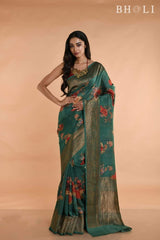 Handwoven Green floral Printed Tussar silk Banarasi