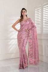 Pink Pure Tussar Silk all over Fin style embroidered Saree