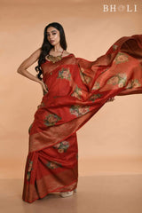 Red Handwoven floral Printed Tussar silk Banarasi