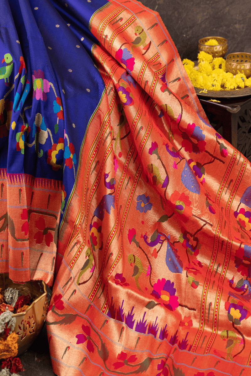 Authentic Muniya floral Pure Silk 100% Handwoven Paithani saree