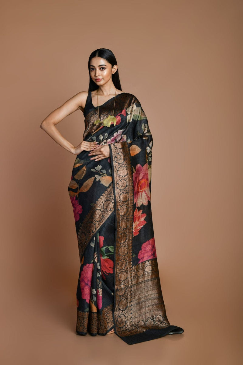 Black Handwoven floral printed Tussar silk Banarasi