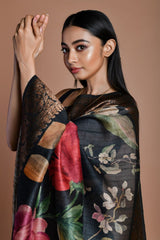 Black Handwoven floral printed Tussar silk Banarasi