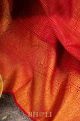 bridal handwoven red checkered pure silk kanjivaram