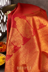 bridal handwoven red checkered pure silk kanjivaram