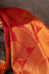 bridal handwoven red checkered pure silk kanjivaram