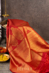 bridal handwoven red checkered pure silk kanjivaram