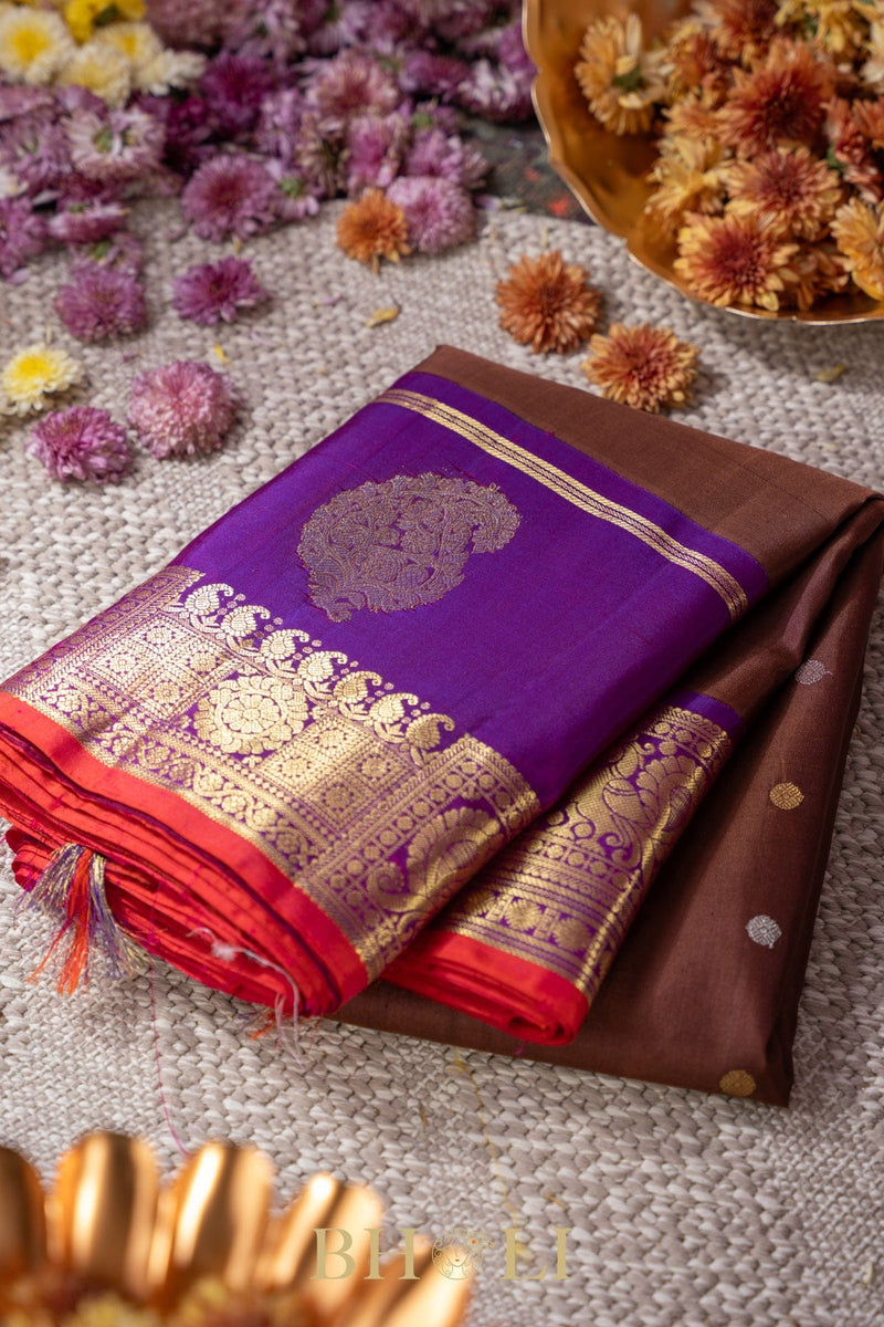chocolate brown and purple kuttu silk by silk gadwal