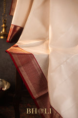 classic ivory and red color kai korvai pure silk kanjivaram
