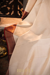 classic ivory and red color kai korvai pure silk kanjivaram