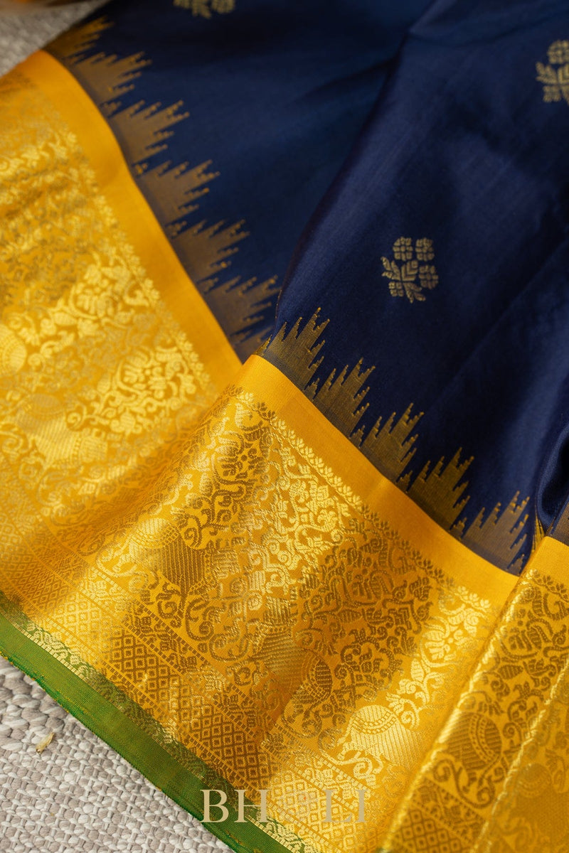 dark blue and yellow silk by silk handwoven gadwal
