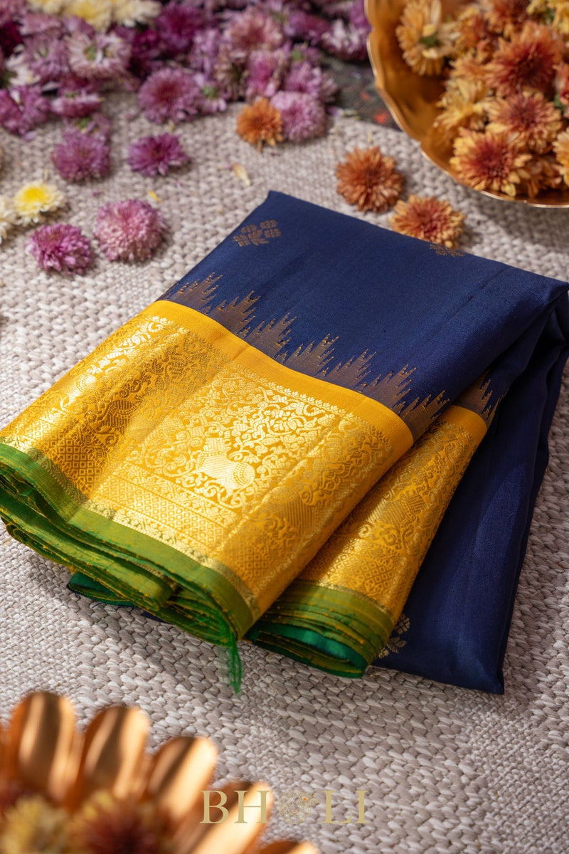 dark blue and yellow silk by silk handwoven gadwal