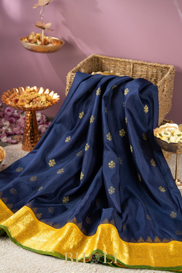 dark blue and yellow silk by silk handwoven gadwal