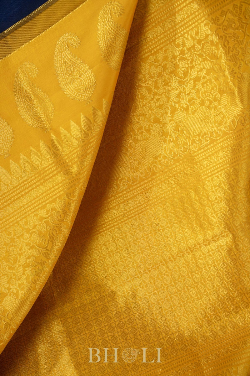 dark blue and yellow silk by silk handwoven gadwal
