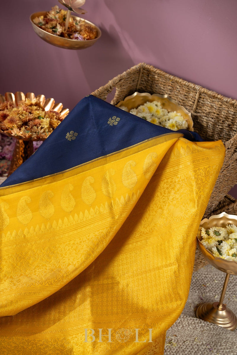 dark blue and yellow silk by silk handwoven gadwal