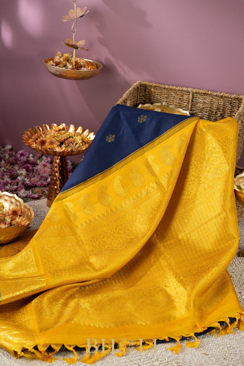 dark blue and yellow silk by silk handwoven gadwal