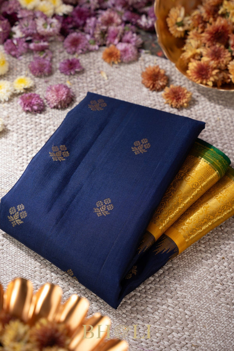 dark blue and yellow silk by silk handwoven gadwal