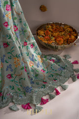 embroidered tussar georgette sage green saree