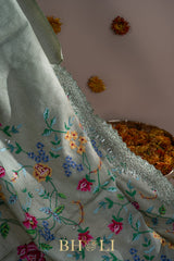 embroidered tussar georgette sage green saree
