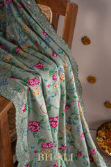 embroidered tussar georgette sage green saree