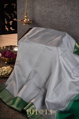 gray and green handwoven pure mulberry silk korvai kanjivaram