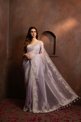 hand embroidered lavender tissue organza saree