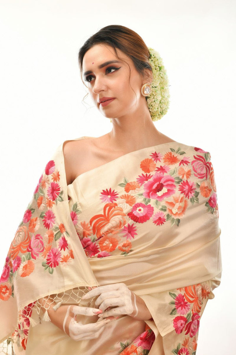 Hand Embroidered Parsi Gara on Katan Silk Banarasi