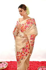 Hand Embroidered Parsi Gara on Katan Silk Banarasi