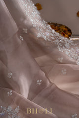 hand embroidered sequin and cutdaana work on beige organza silk saree