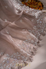 hand embroidered sequin and cutdaana work on beige organza silk saree