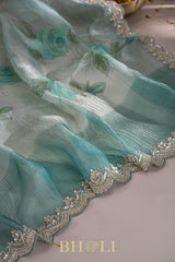 hand painted crushed organza hand embroidered saree