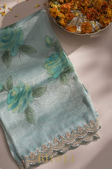 hand painted crushed organza hand embroidered saree